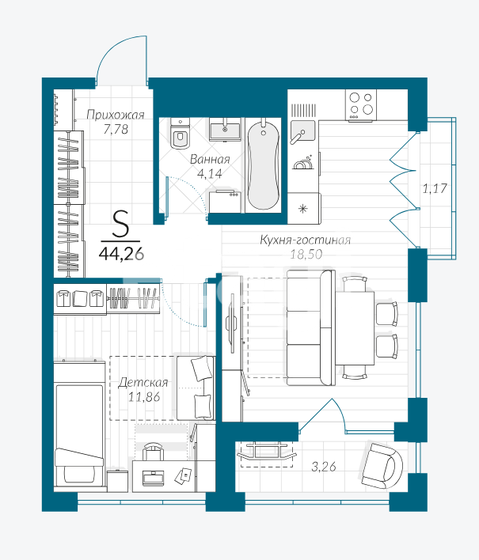 44,3 м², 1-комнатная квартира 4 500 000 ₽ - изображение 1