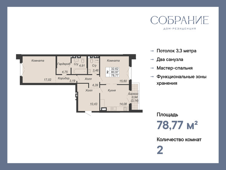 78,8 м², 2-комнатная квартира 31 508 000 ₽ - изображение 1
