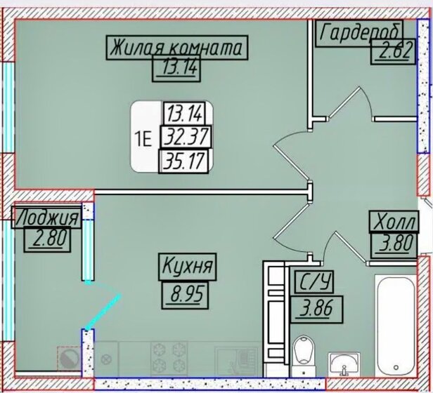 35,4 м², 1-комнатная квартира 3 450 000 ₽ - изображение 1