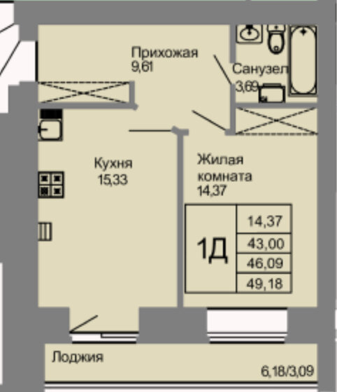 48,6 м², 1-комнатная квартира 4 370 000 ₽ - изображение 1