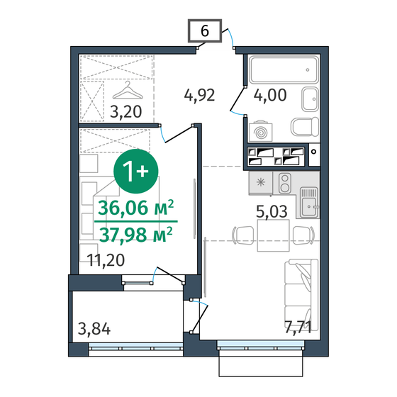 36,1 м², 1-комнатная квартира 6 217 000 ₽ - изображение 1