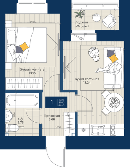 32,6 м², 1-комнатная квартира 4 432 512 ₽ - изображение 1