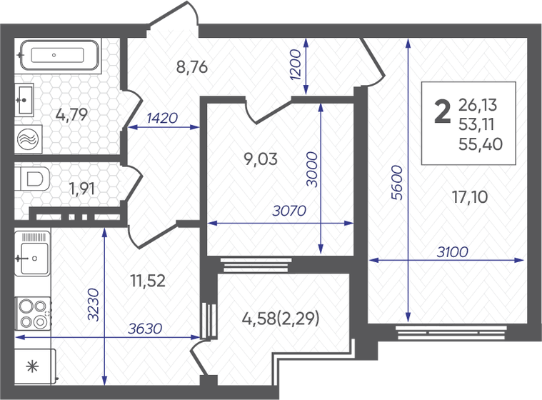 55,4 м², 2-комнатная квартира 7 922 200 ₽ - изображение 1