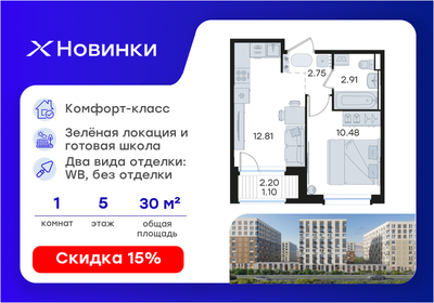 Квартира 30,1 м², 1-комнатная - изображение 1