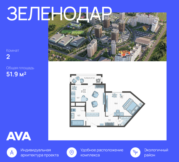 51,9 м², 2-комнатная квартира 5 843 940 ₽ - изображение 51