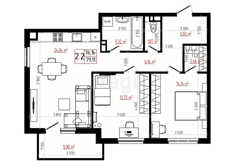 79,1 м², 2-комнатная квартира 6 600 000 ₽ - изображение 1