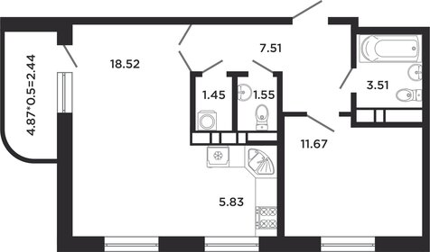 Квартира 52,9 м², 1-комнатная - изображение 1