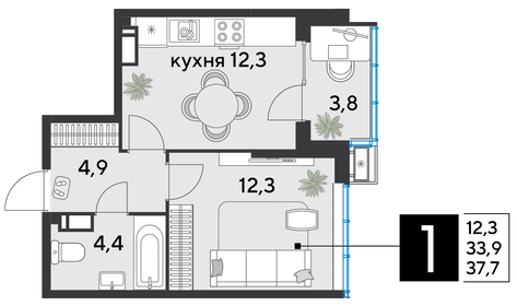 33,4 м², 1-комнатная квартира 5 300 000 ₽ - изображение 75