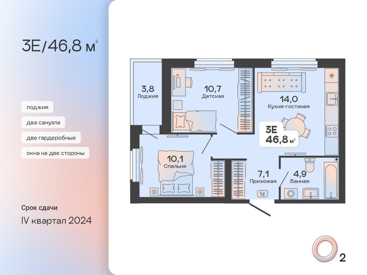 46,8 м², 2-комнатная квартира 8 980 000 ₽ - изображение 1