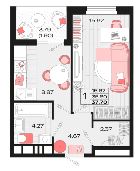 37,7 м², 1-комнатная квартира 5 163 015 ₽ - изображение 1