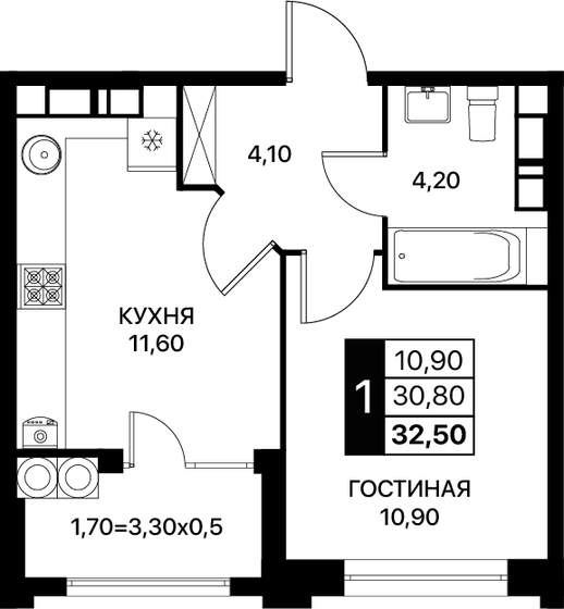 32,5 м², 1-комнатная квартира 4 403 750 ₽ - изображение 1
