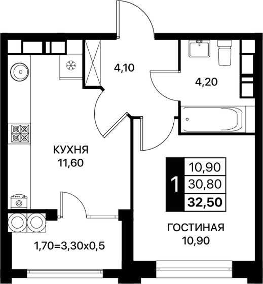 32,5 м², 1-комнатная квартира 4 403 750 ₽ - изображение 1