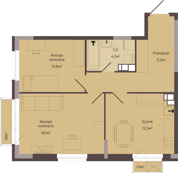 55,7 м², 2-комнатная квартира 9 391 600 ₽ - изображение 1