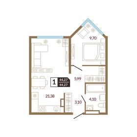 Квартира 44,3 м², 1-комнатная - изображение 1