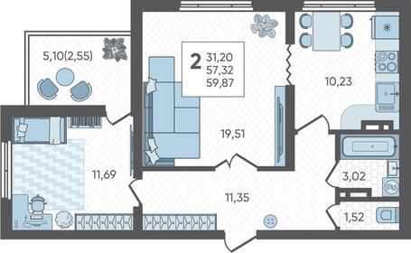59,6 м², 2-комнатная квартира 6 955 320 ₽ - изображение 8