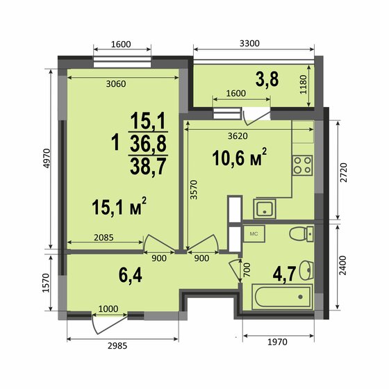 38,7 м², 1-комнатная квартира 3 637 800 ₽ - изображение 1