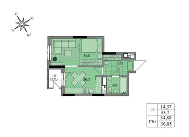 Квартира 34,9 м², 1-комнатная - изображение 1