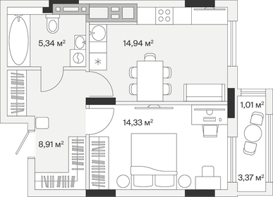 Квартира 44,5 м², 1-комнатная - изображение 1