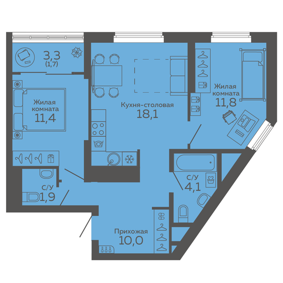 59 м², 2-комнатная квартира 10 505 000 ₽ - изображение 9