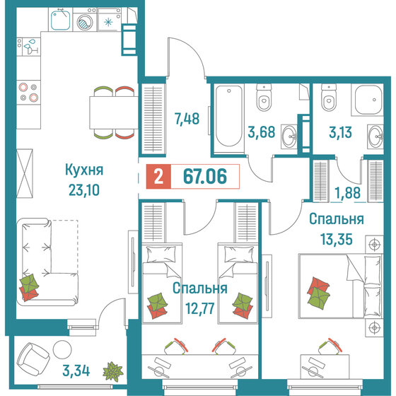 67,1 м², 2-комнатная квартира 12 788 342 ₽ - изображение 1