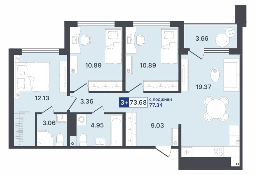 73,7 м², 3-комнатная квартира 9 460 000 ₽ - изображение 1