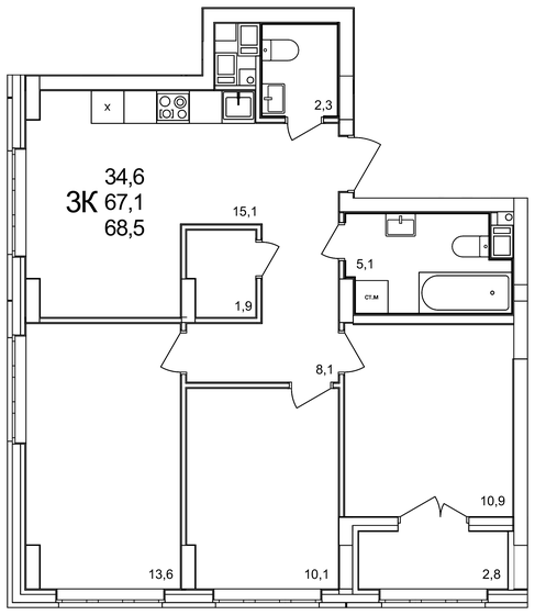 68,5 м², 3-комнатная квартира 8 836 500 ₽ - изображение 1