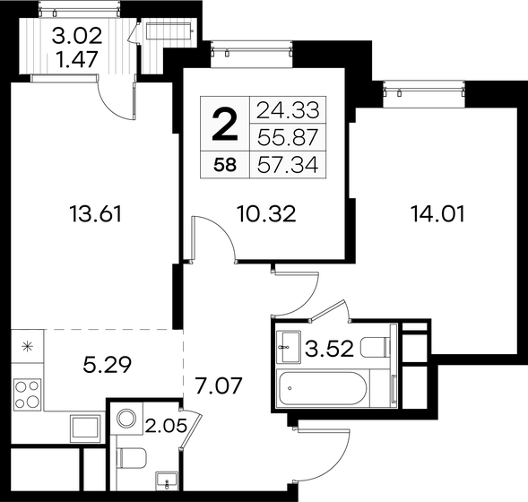 57,3 м², 2-комнатная квартира 13 499 999 ₽ - изображение 1