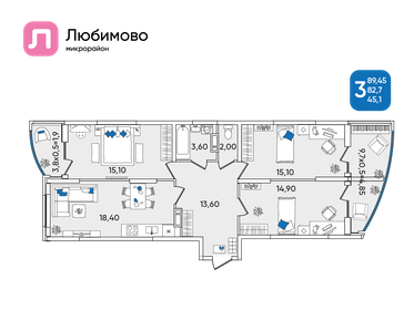 Квартира 89,5 м², 3-комнатная - изображение 1