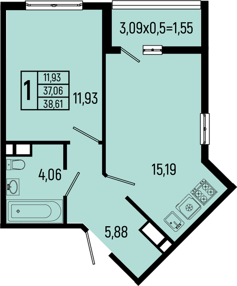 38,6 м², 1-комнатная квартира 10 694 970 ₽ - изображение 1