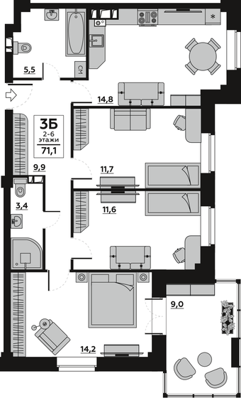 71,1 м², 3-комнатная квартира 8 700 000 ₽ - изображение 20