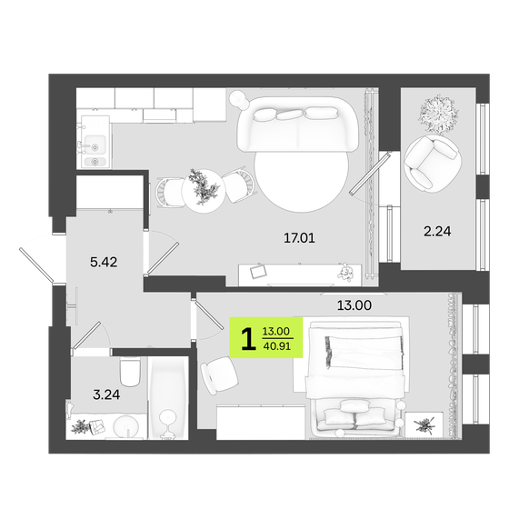 40,9 м², 1-комнатная квартира 6 627 420 ₽ - изображение 1