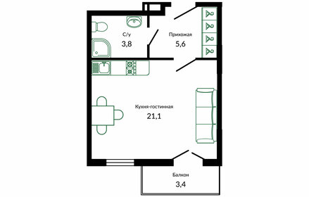 Квартира 33,9 м², студия - изображение 1