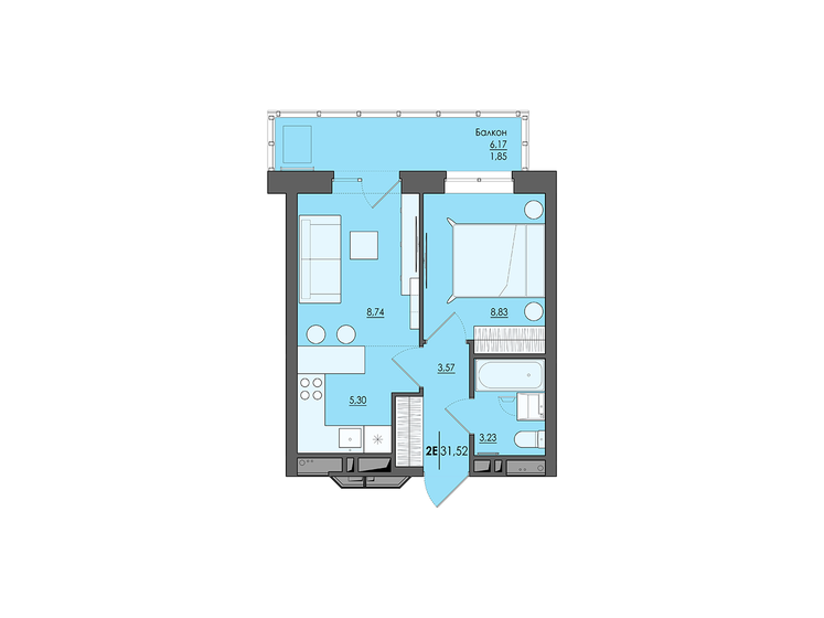 31,5 м², 2-комнатная квартира 4 090 000 ₽ - изображение 1