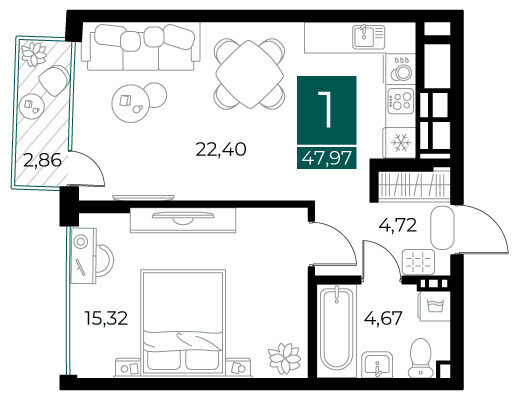 48 м², 1-комнатная квартира 8 346 780 ₽ - изображение 1