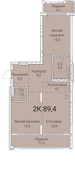 89,4 м², 2-комнатная квартира 14 168 700 ₽ - изображение 1