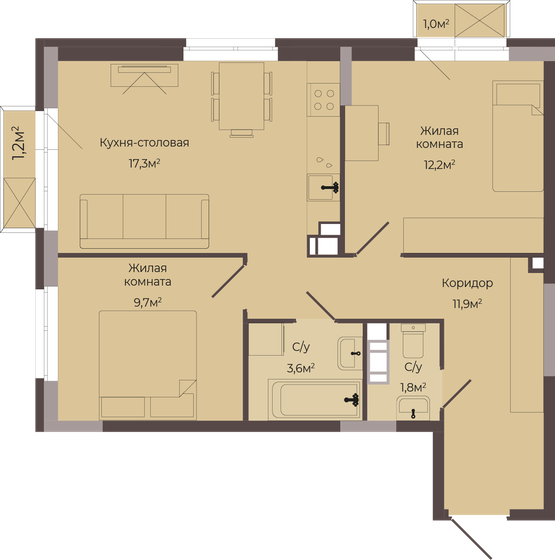 57,2 м², 2-комнатная квартира 9 355 600 ₽ - изображение 1