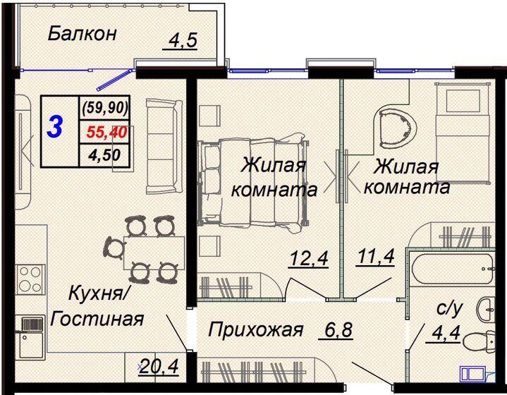 59,9 м², 3-комнатная квартира 17 772 000 ₽ - изображение 1