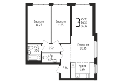 Квартира 66,3 м², 3-комнатная - изображение 1