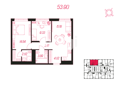 Квартира 53,9 м², 2-комнатная - изображение 1