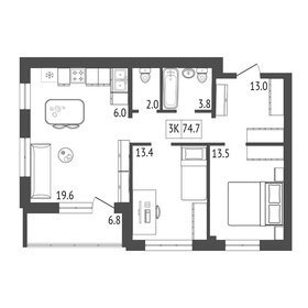 Квартира 74,7 м², 3-комнатная - изображение 2