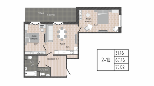 Квартира 75 м², 2-комнатная - изображение 1