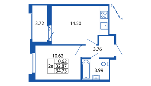 Квартира 34,7 м², 1-комнатная - изображение 2