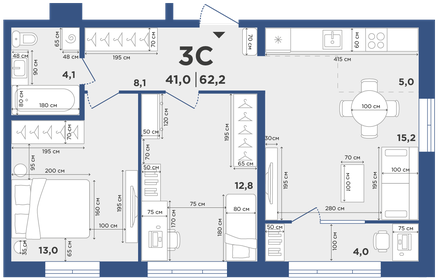 Квартира 62,2 м², 3-комнатная - изображение 1