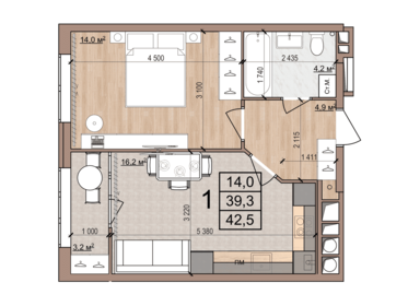 Квартира 42,5 м², 1-комнатная - изображение 1