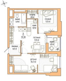 Квартира 59,4 м², 2-комнатная - изображение 2