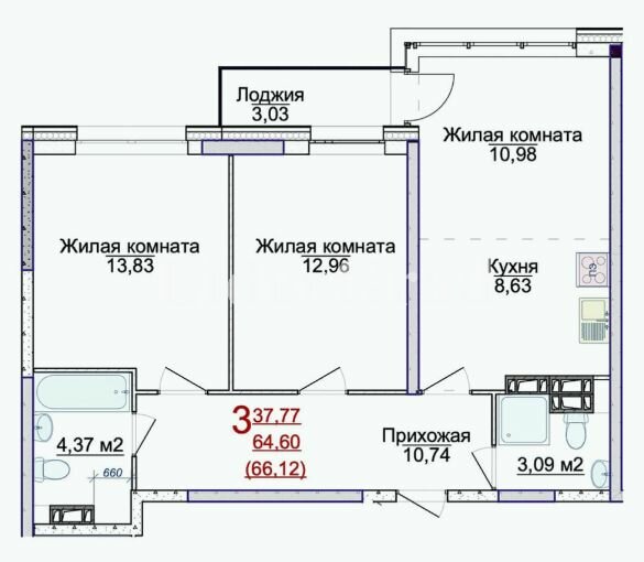 66,1 м², 3-комнатная квартира 6 347 520 ₽ - изображение 51