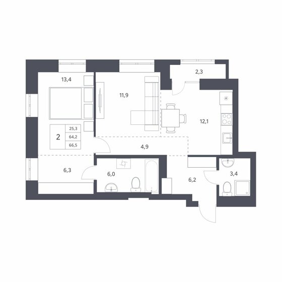 64,2 м², 2-комнатная квартира 9 250 000 ₽ - изображение 1