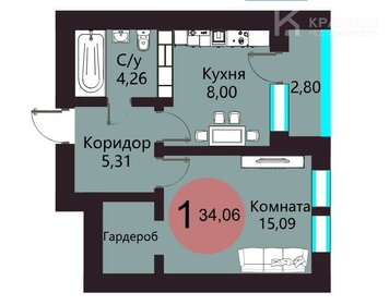 Квартира 34,1 м², 1-комнатная - изображение 1