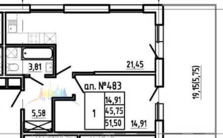 Квартира 51,5 м², 1-комнатные - изображение 1