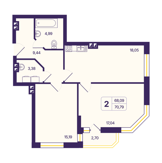 70,5 м², 2-комнатная квартира 8 390 000 ₽ - изображение 1